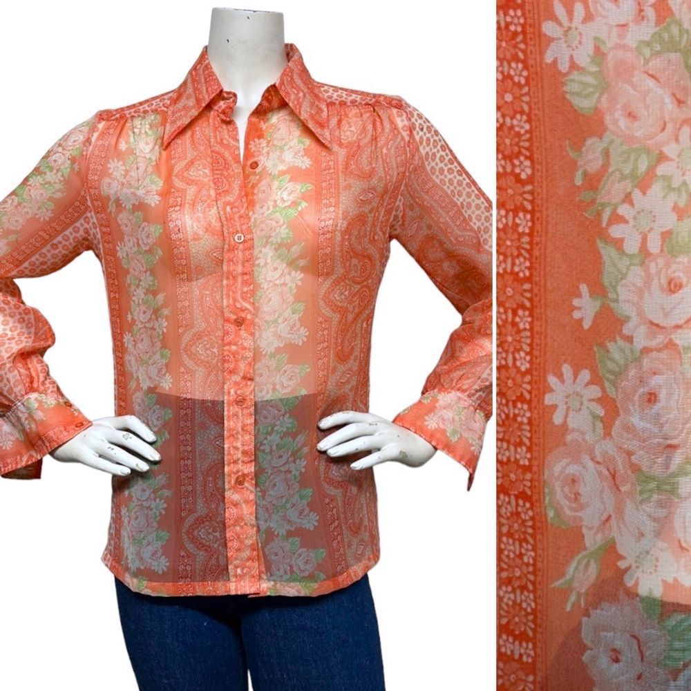 VINTAGE 70s Dagger Collar Sheer Chiffon Floral Print Button Down Blouse Shirt M
